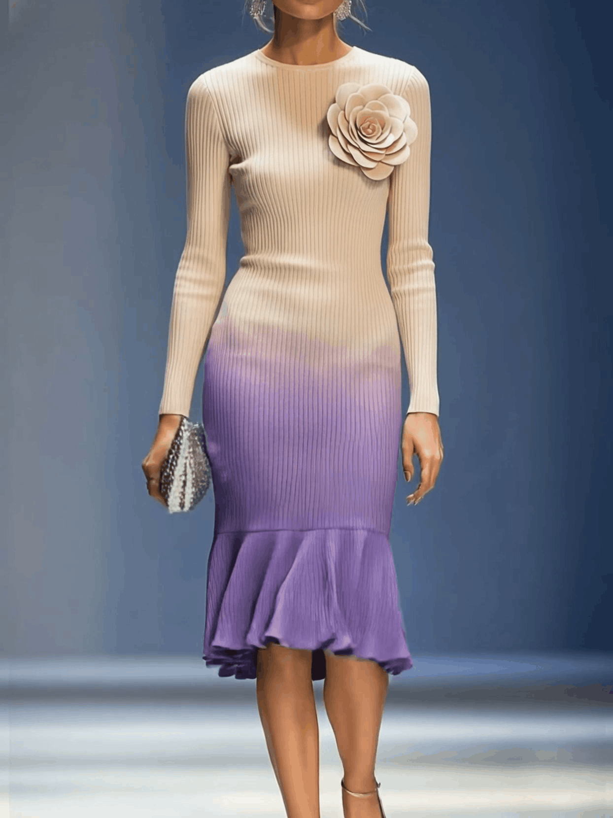Elegant Three-dimensional Floral Decoration Beige And Purple Knitted Midi Dress