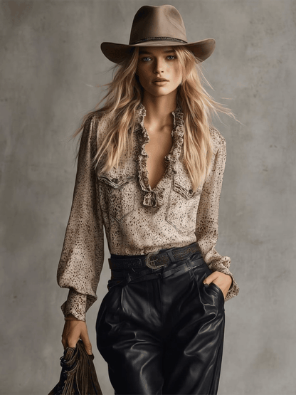 Vintage Western Ruffled V-neck Beige Leopard Print Suede Blouse Tops