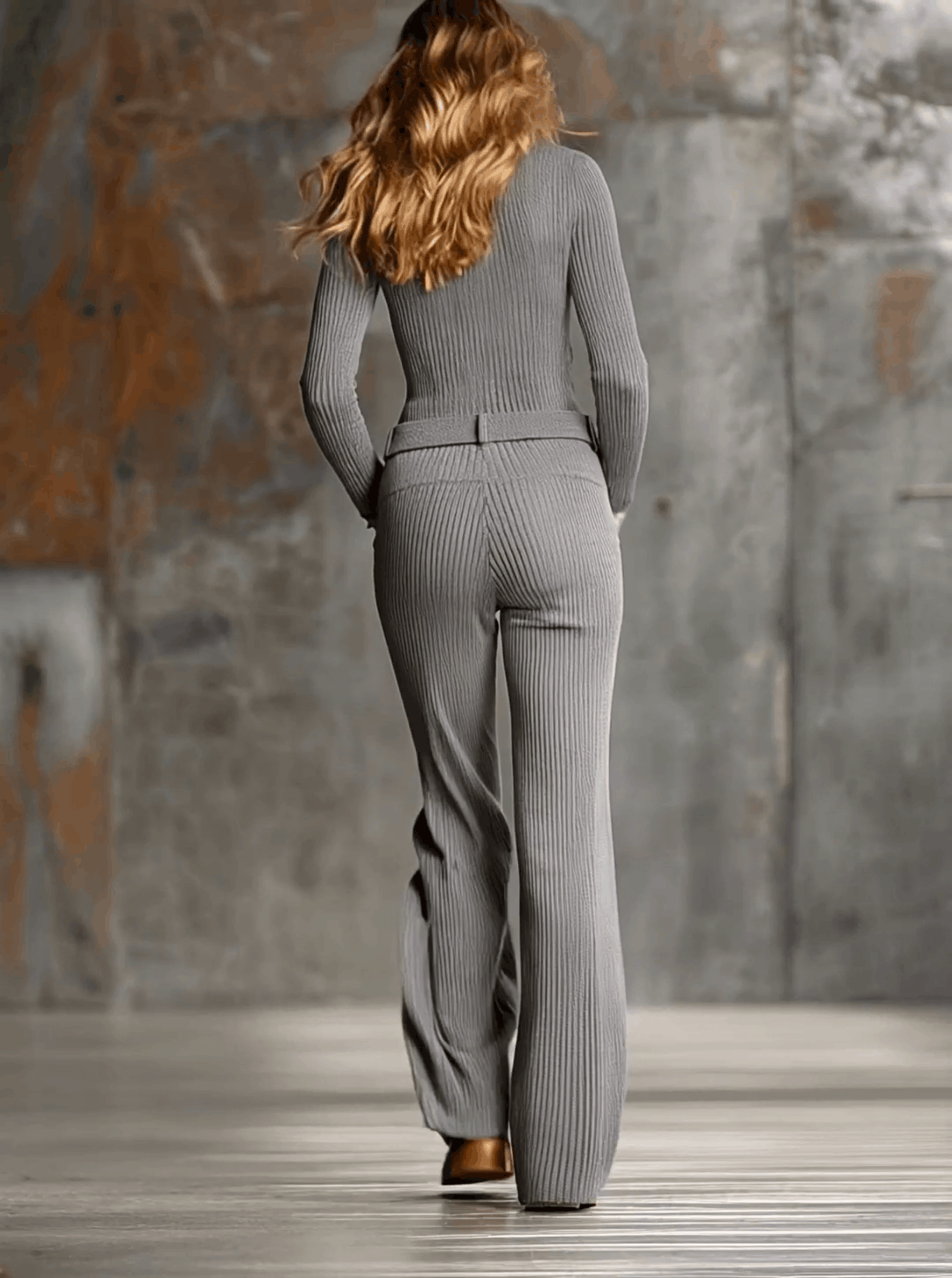 Fashionable Retro Gray Knit Half-zip Wide-leg Pants Set