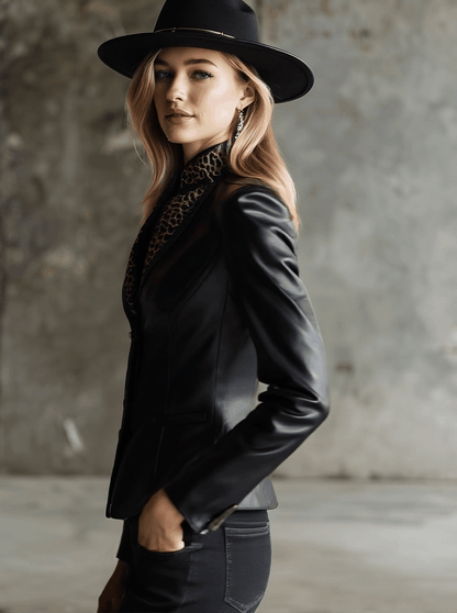 Retro Leopard Print Collar Black Faux Leather Jacket