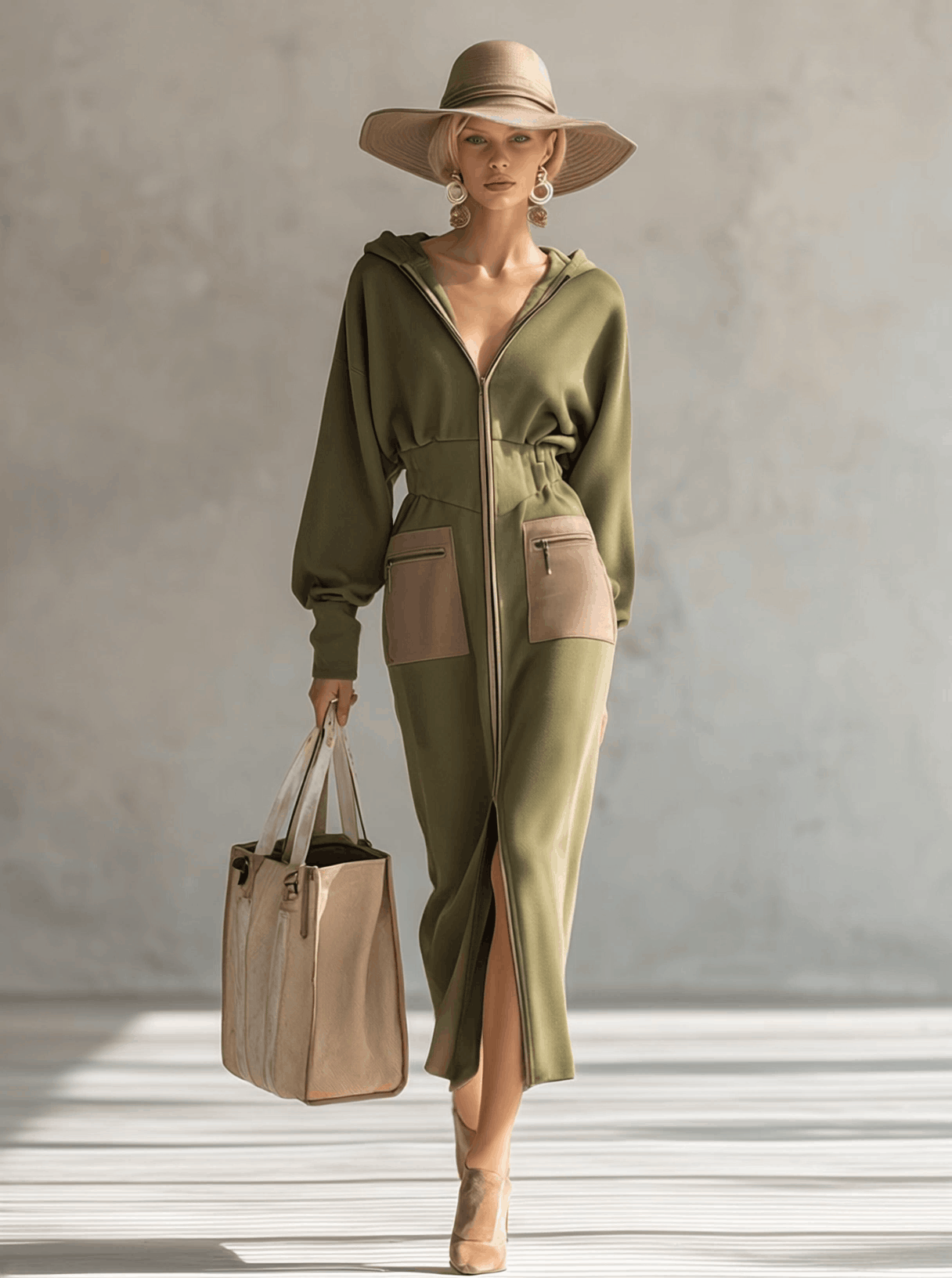 Elegant Olive Green Hooded Narrow Waist Zip-up Sweatshirt Long Sleeve Maxi Dress