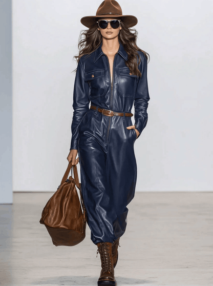 Casual Retro Dark Blue Faux Leather Long-Sleeved Lace-Up Wide-Leg Jumpsuit