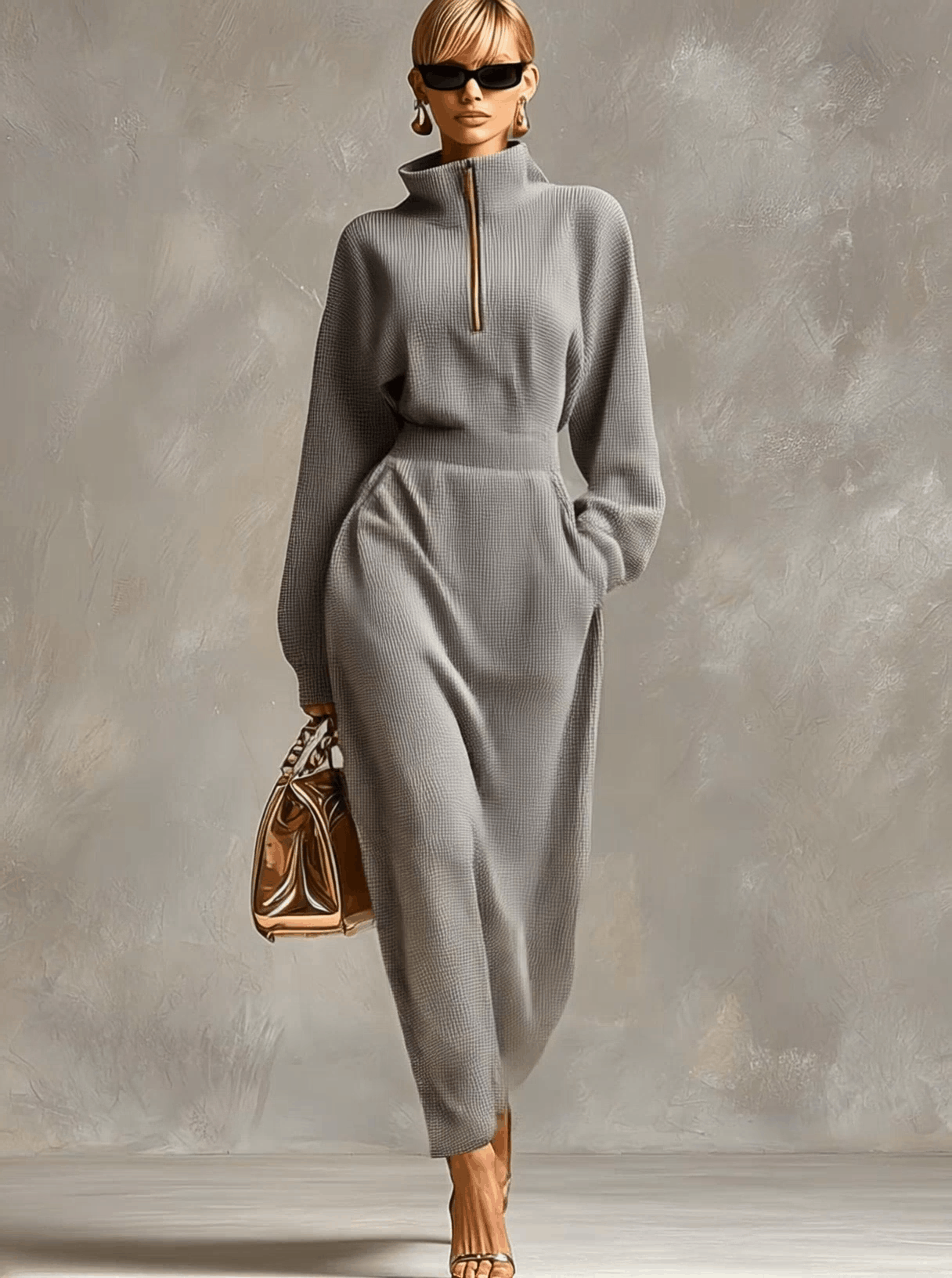 Exquisite Casual Lapel Front Zipper Long Sleeve Light Gray Waffle Fabric Maxi Dress