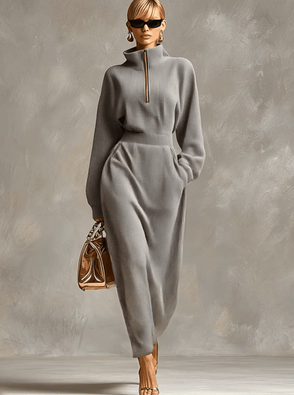 Exquisite Casual Lapel Front Zipper Long Sleeve Light Gray Waffle Fabric Maxi Dress