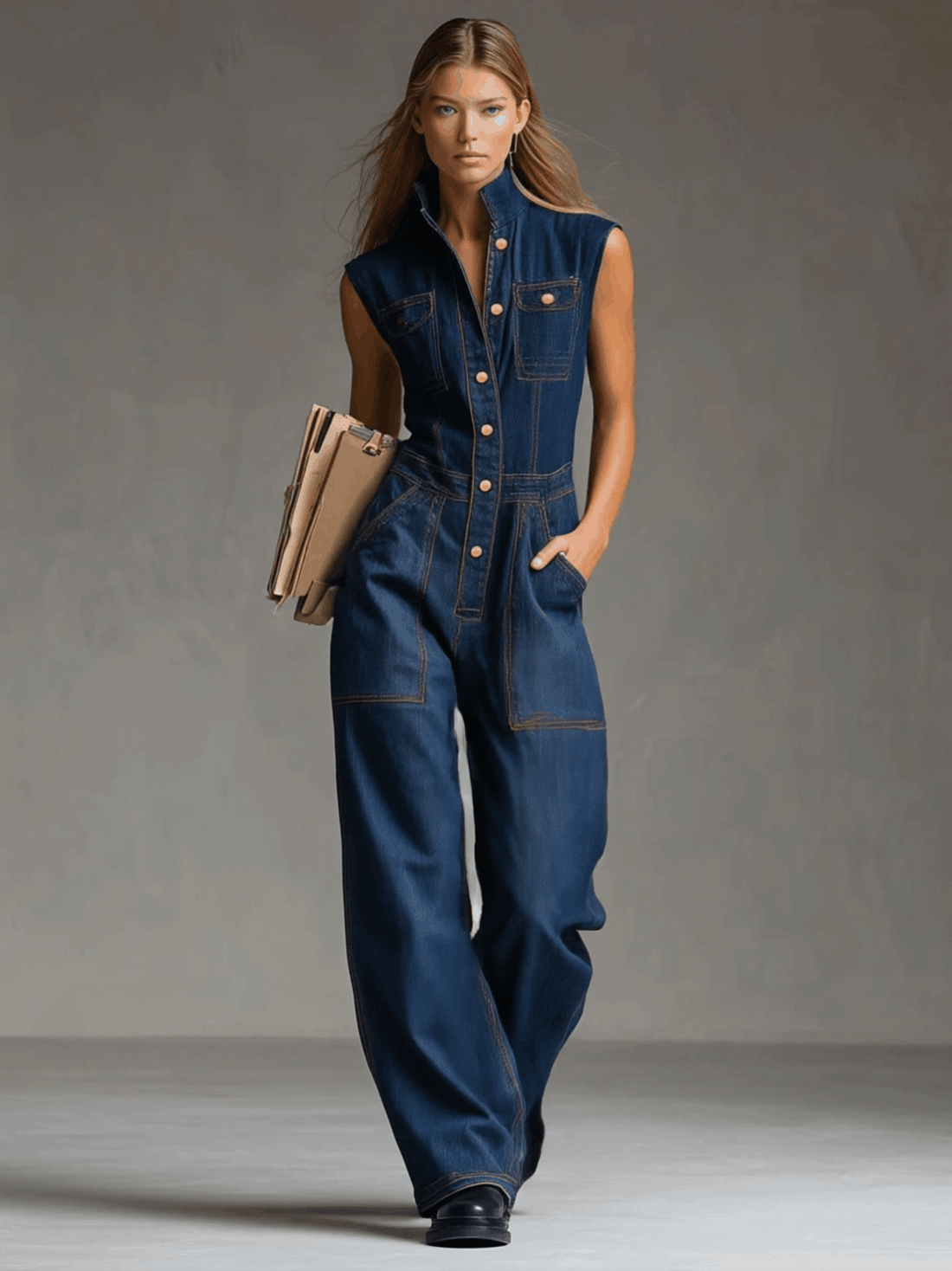 Casual Retro Multi-pocket Topstitching Dark Blue Denim Sleeveless Balloon Jumpsuit