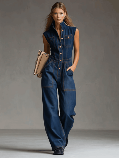 Casual Retro Multi-pocket Topstitching Dark Blue Denim Sleeveless Balloon Jumpsuit