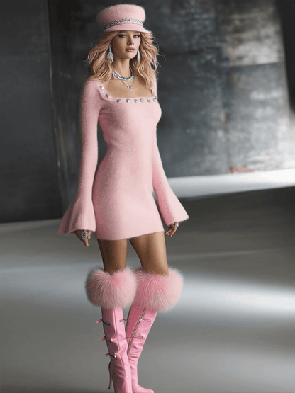 Romantic Square Neck Button Bell Sleeve Pink Seahorse Knit Mini Dress