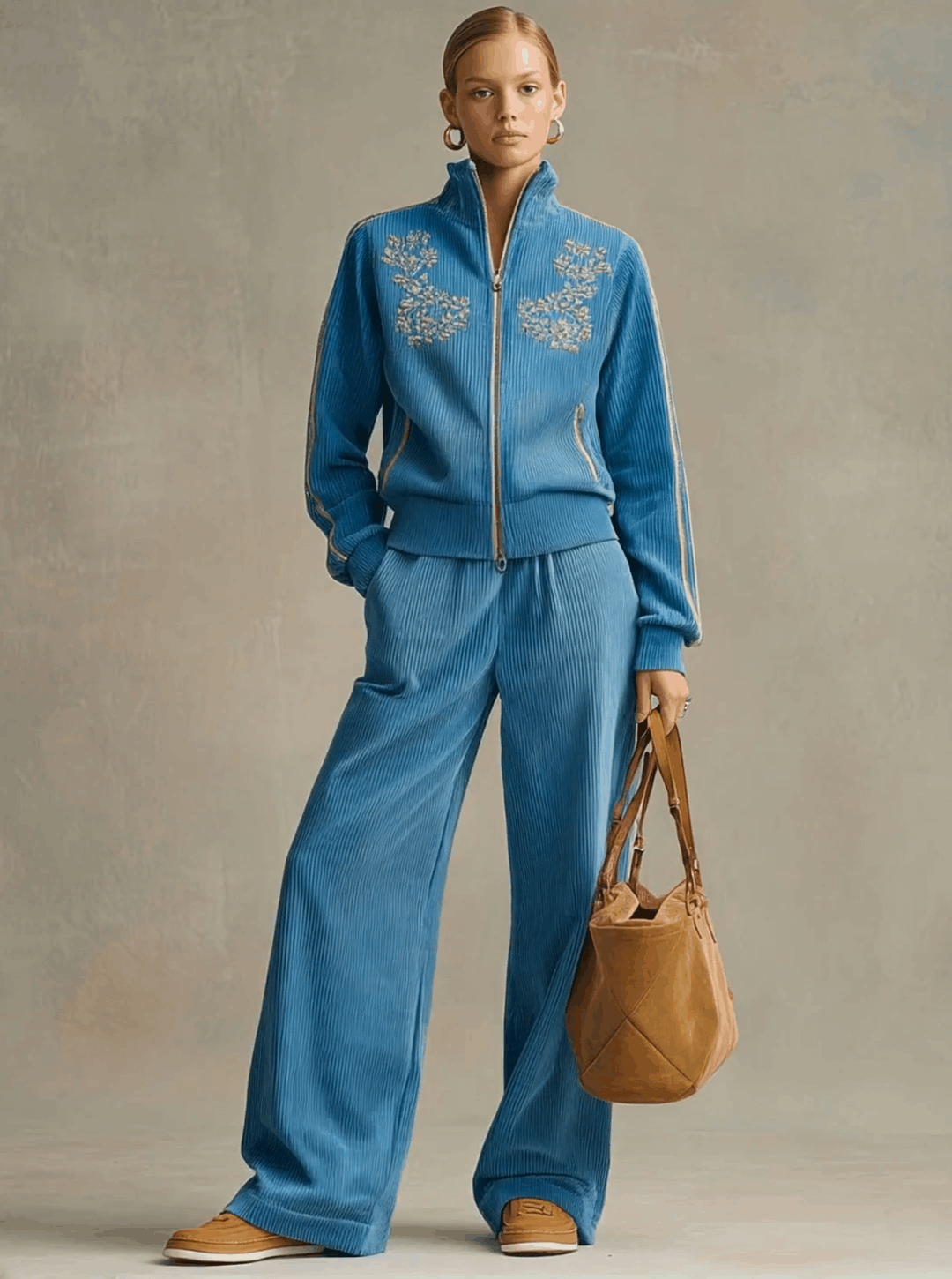Sporty Retro Embroidered Blue Corduroy Zipper Sweatshirt And Wide-Leg Pants Set