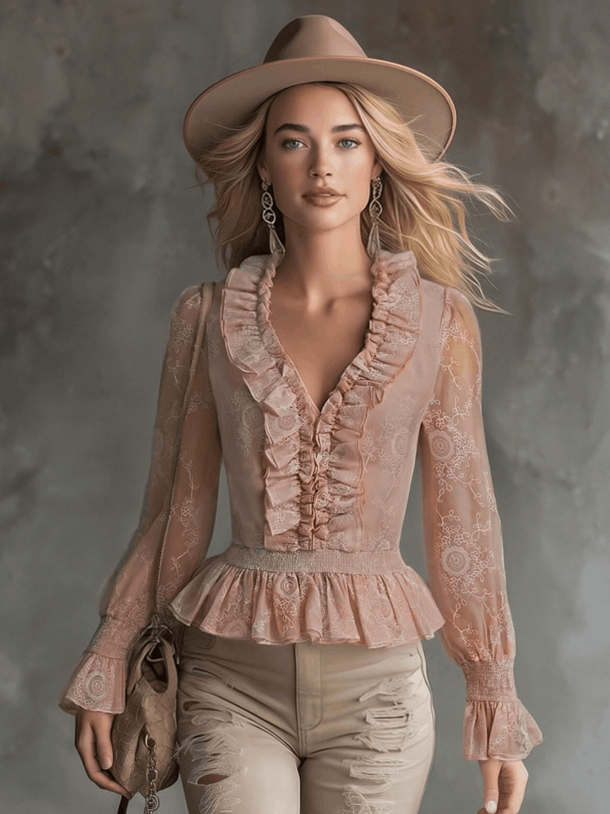 Elegant Pink Chiffon Lace Ruffled Shirt
