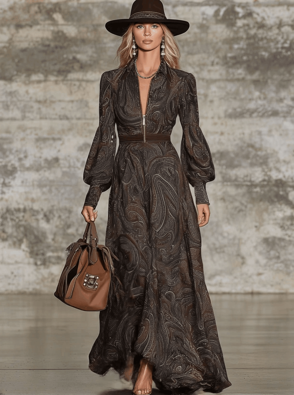 retro style maxi dress Floral V-Neck Maxi Dress with Long Sleeves