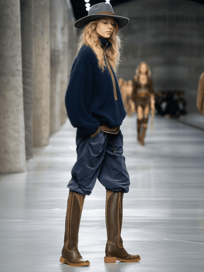 Retro And Fashionable Brown Trim Blue Teddy Fleece Sweatshirt