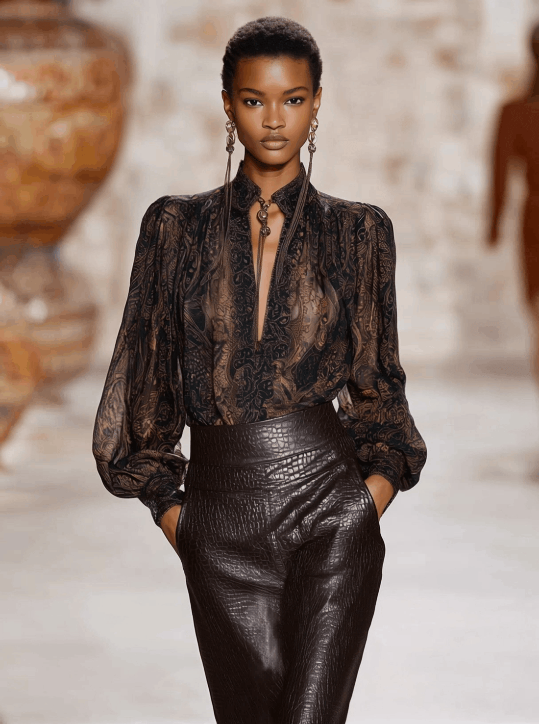 Premium Printed V-Neck Mocha Brown Printed Long Sleeve Shirt