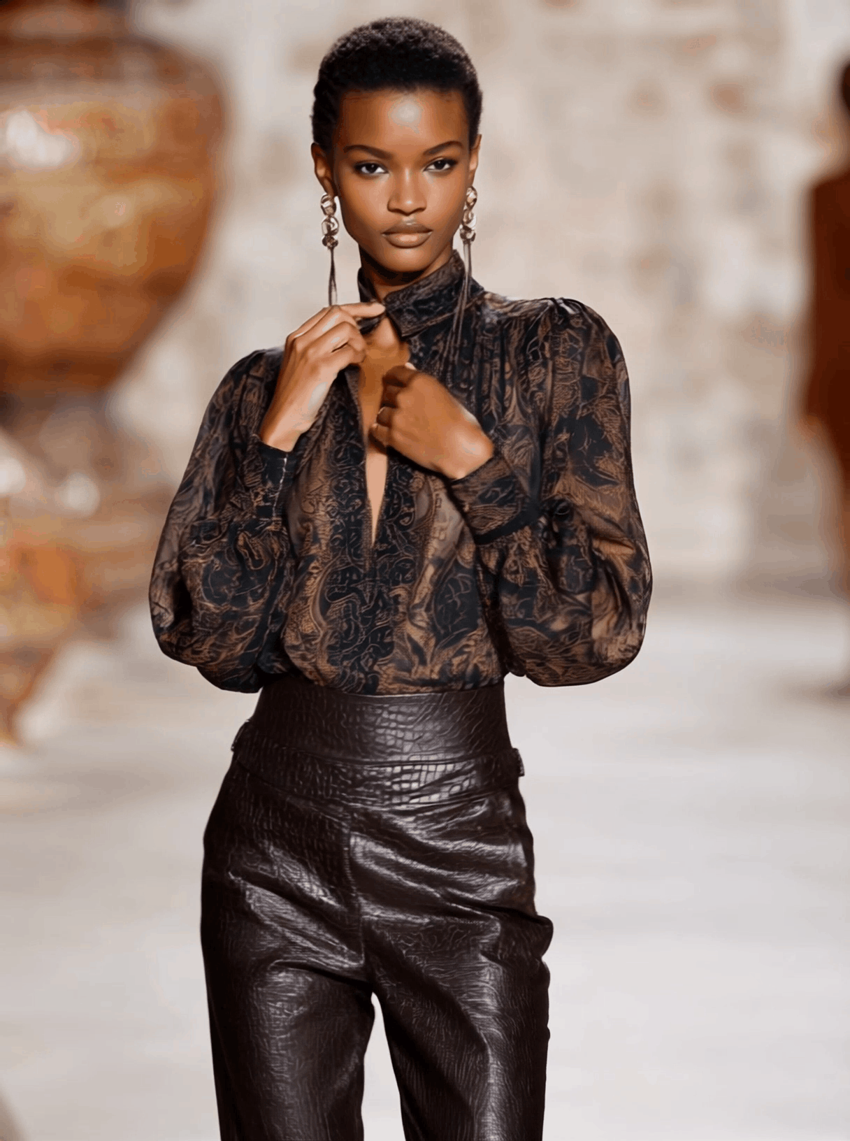 Premium Printed V-Neck Mocha Brown Printed Long Sleeve Shirt