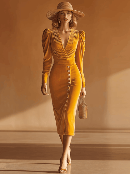 Elegant Retro Yellow V-neck Velvet Midi Dress