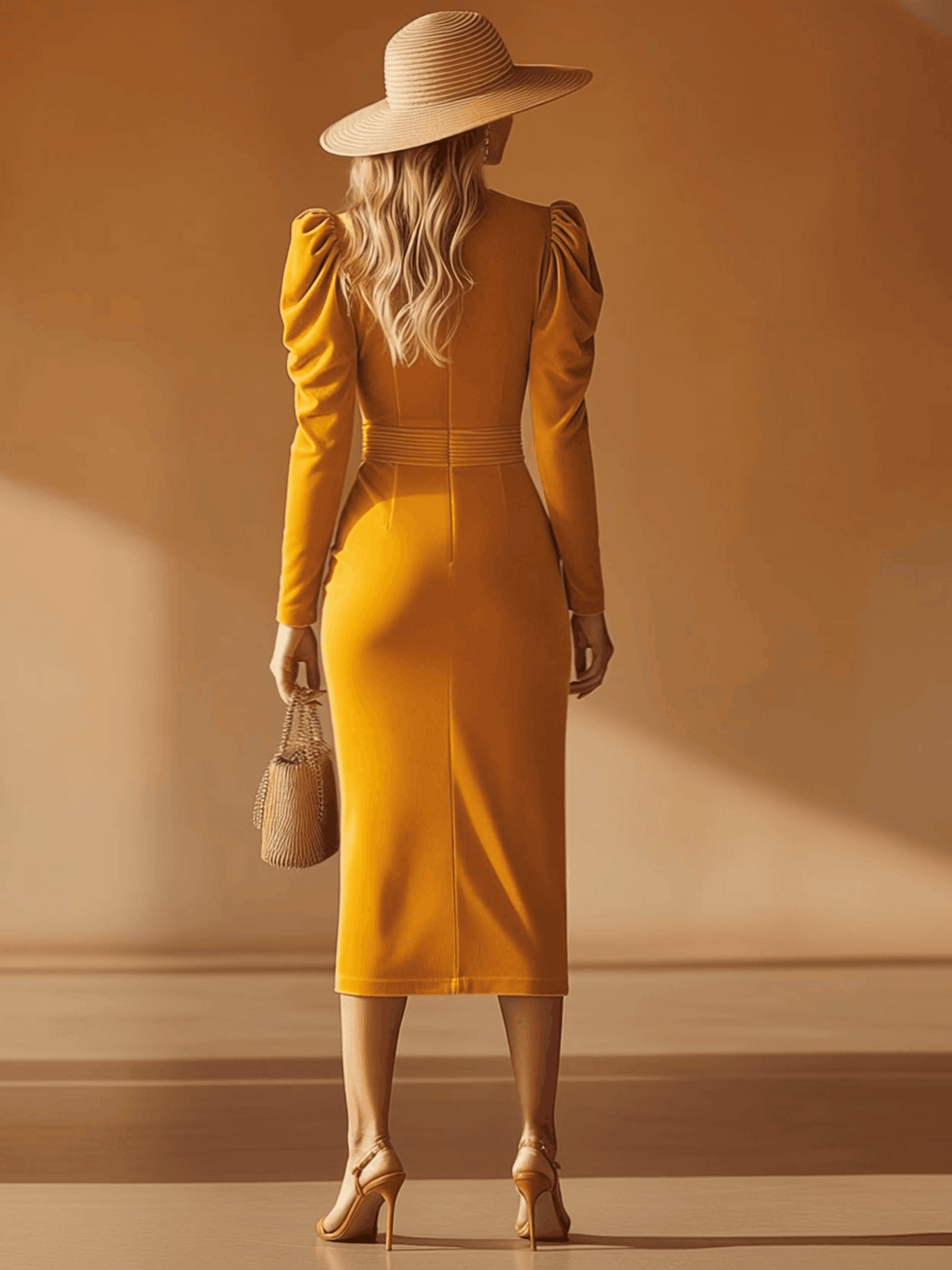 Elegant Retro Yellow V-neck Velvet Midi Dress