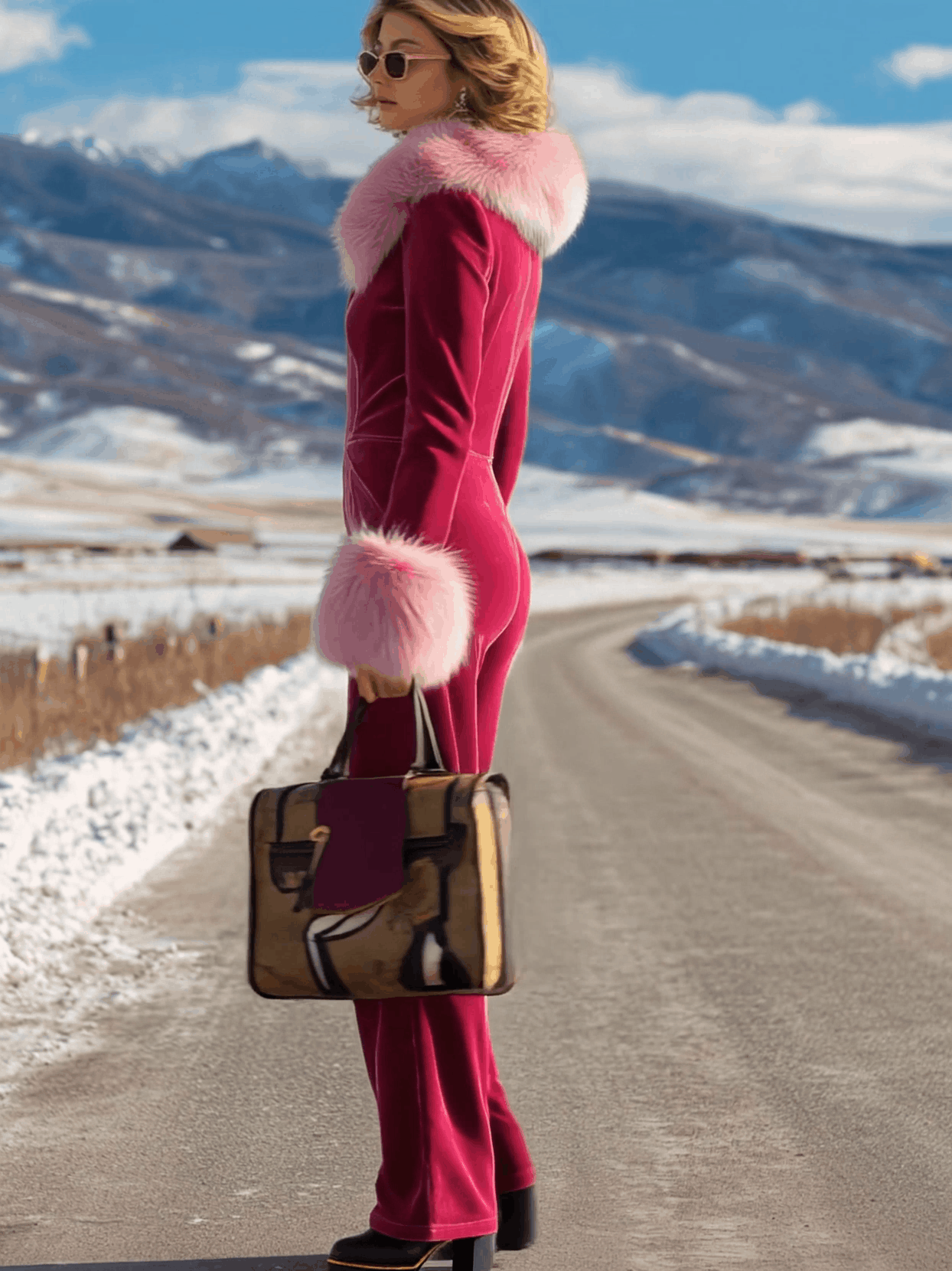 Fashion Retro Rose Red Velvet Faux Fur Collar Long Sleeve Flared Jumpsuit