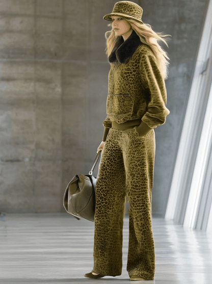 High-end Fashionable Leopard Print Velvet Faux Fur Collar Sweatshirt Wide-leg Pants Suit