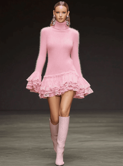 Fashionable Retro Lace Ruffle High Neck Long-haired Pink Knit Mini Dress