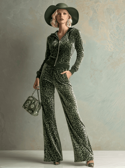 Retro Elegant Green Leopard Print Hooded Velvet Jumpsuit