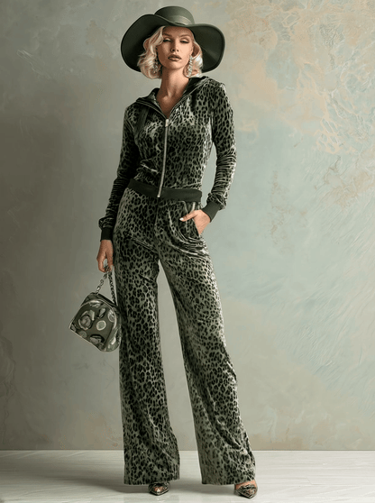 Retro Elegant Green Leopard Print Hooded Velvet Jumpsuit
