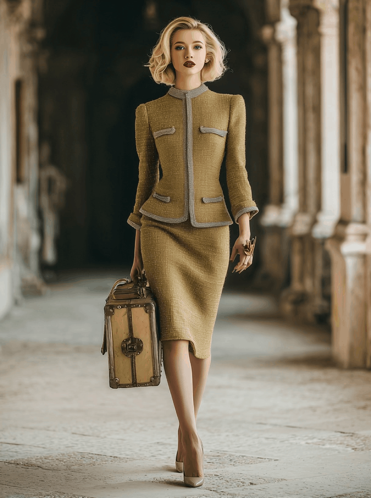 Exquisite Vintage Light Gold Tweed Jacket And Skirt Set
