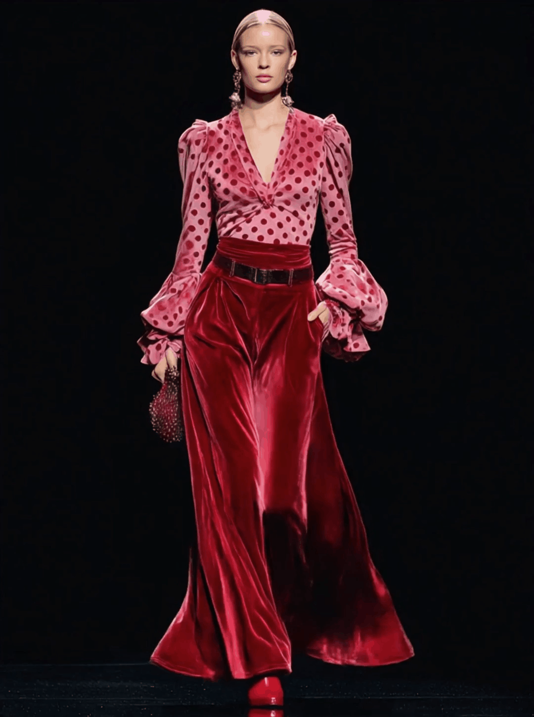 Trendy Retro Polka Dot Red Velvet V-neck Long-sleeved T-shirt And Wide-leg Pants Set