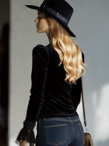 Stylish And Elegant Vintage Lace And Black Velvet Shirt