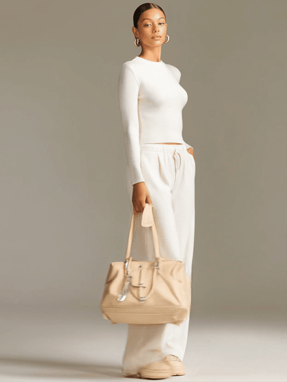 Fashionable Sporty White Knit Ribbed Crew Neck Top And Wide-leg Pants Set
