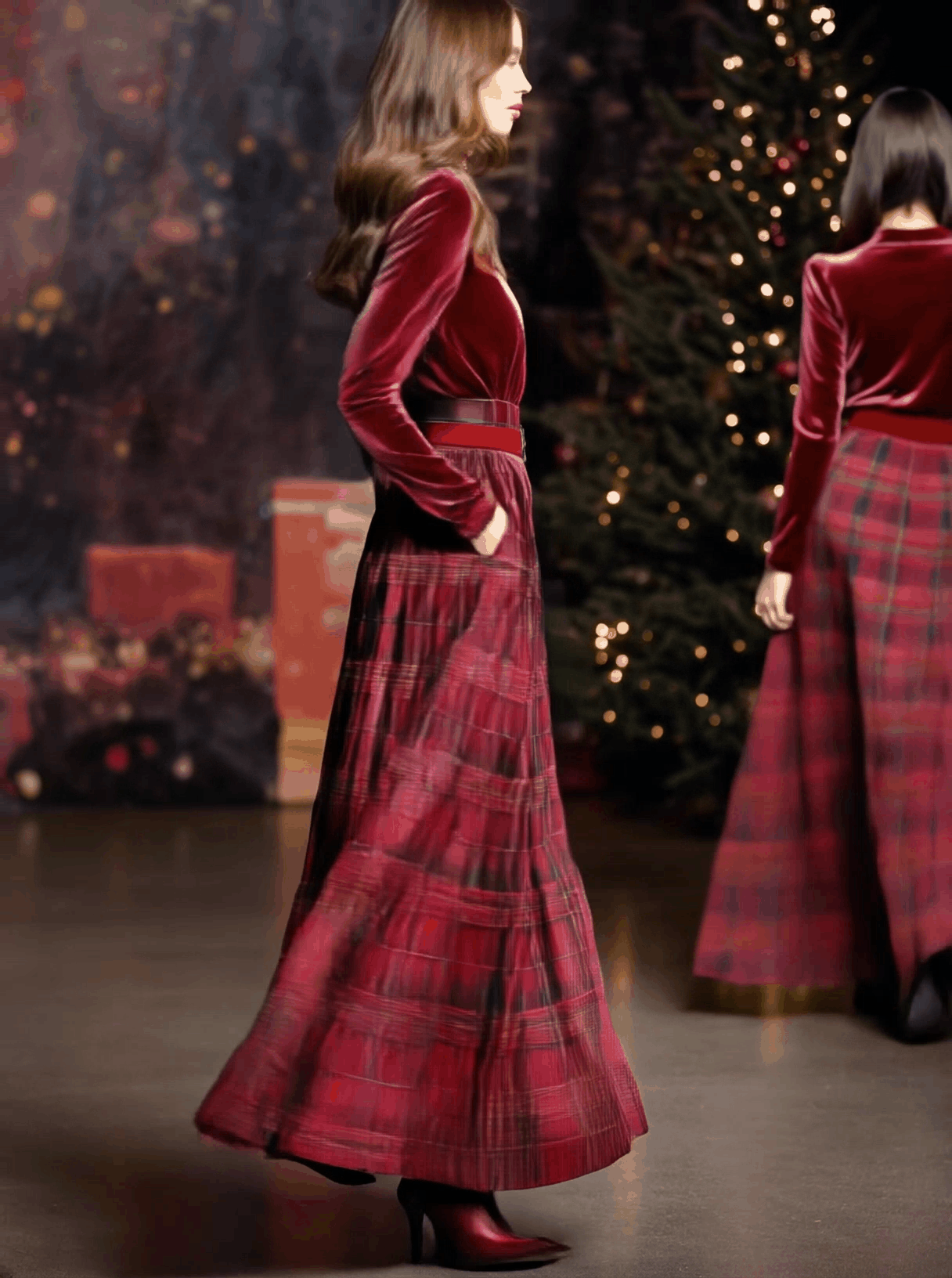 Festive Retro Red Velvet Turtleneck Plaid Skirt Set