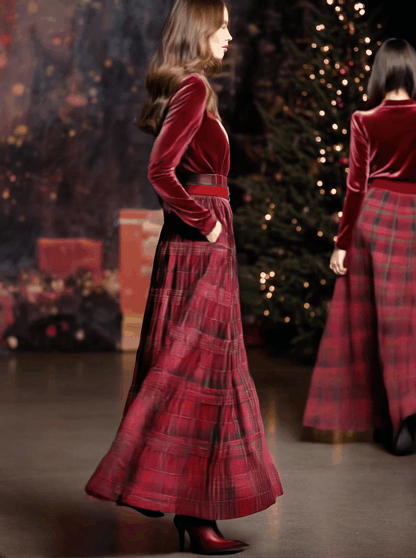 Festive Retro Red Velvet Turtleneck Plaid Skirt Set