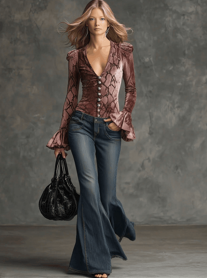 Vintage Pink Velvet Crocodile Print V-Neck Flared Long-Sleeved Shirt