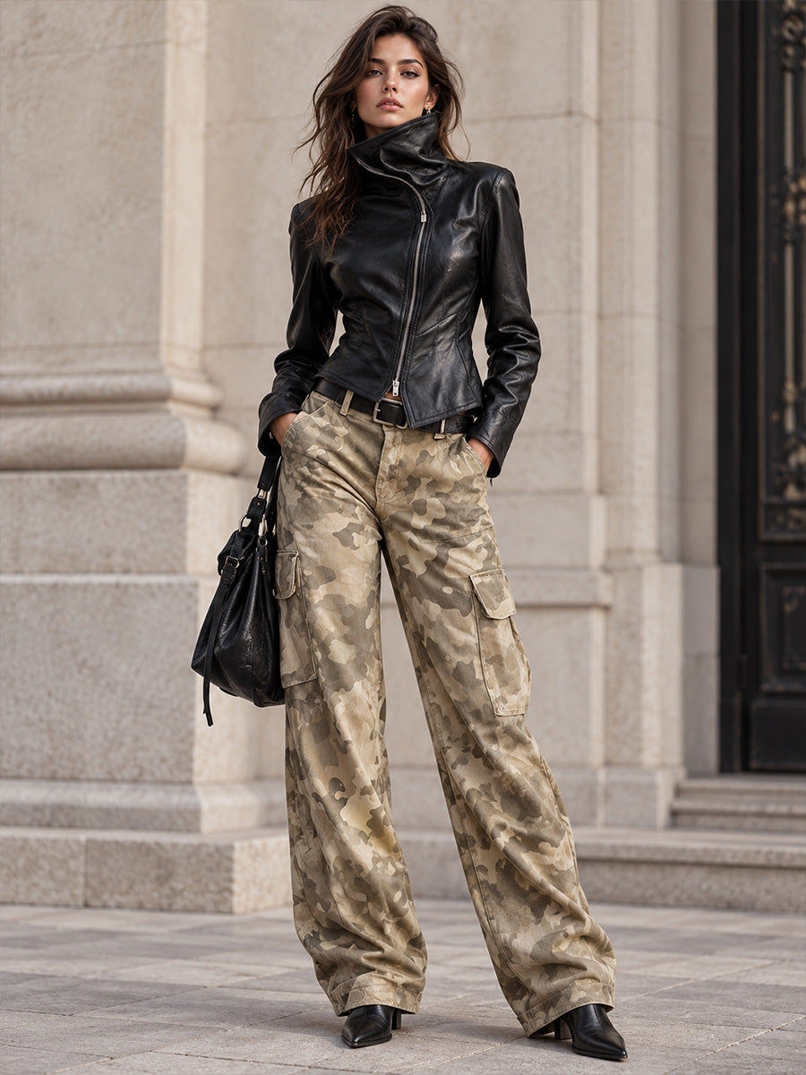 Personality And Fashion High Collar Oblique Zipper Black PU Jacket