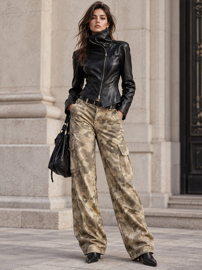 Personality And Fashion High Collar Oblique Zipper Black PU Jacket
