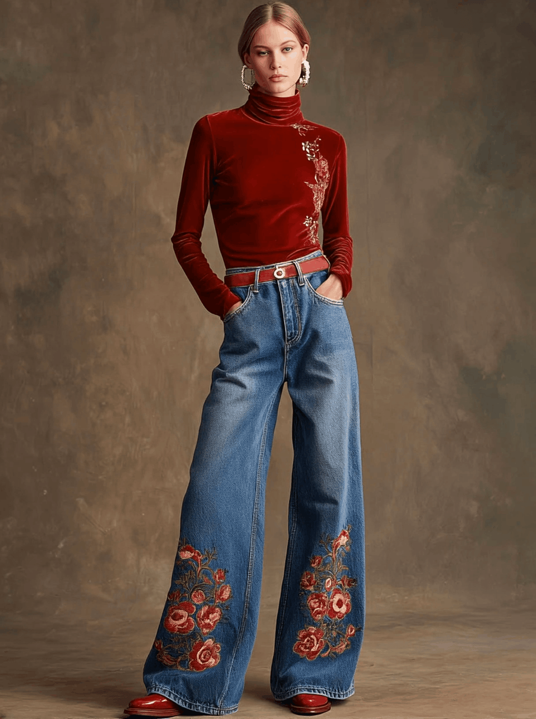 Casual Retro Floral Embroidered High-Neck Red Velvet Long-Sleeve T-Shirt