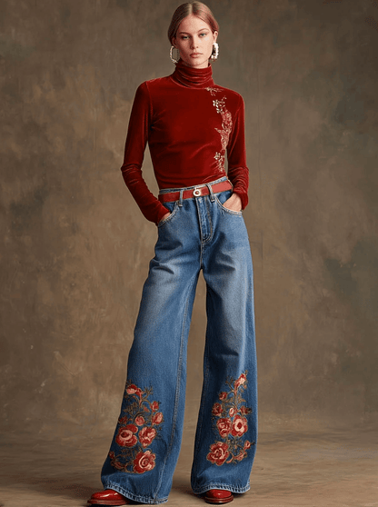 Casual Retro Floral Embroidered High-Neck Red Velvet Long-Sleeve T-Shirt