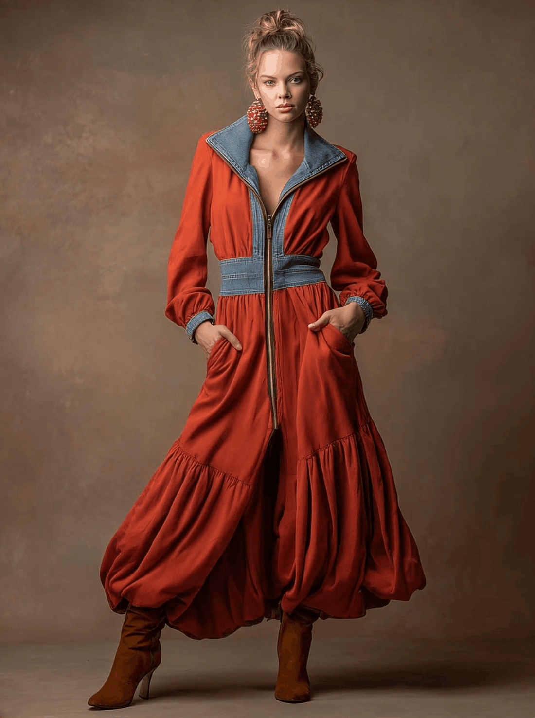 Casual Retro Zip-up Denim Patchwork Red Sweatshirt Dress With Tulip-shaped Maxi Dress