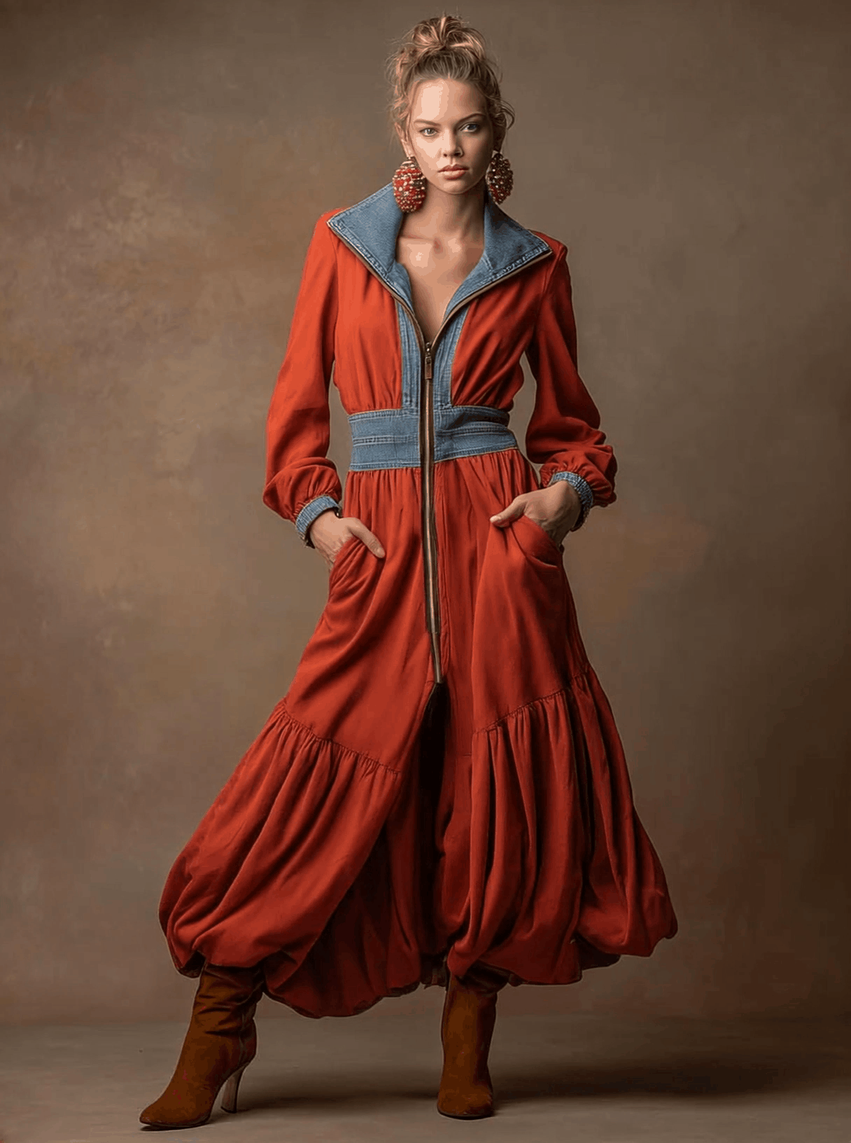 Casual Retro Zip-up Denim Patchwork Red Sweatshirt Dress With Tulip-shaped Maxi Dress
