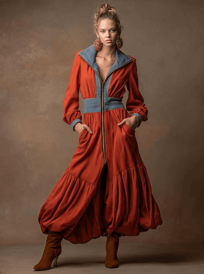 Casual Retro Zip-up Denim Patchwork Red Sweatshirt Dress With Tulip-shaped Maxi Dress