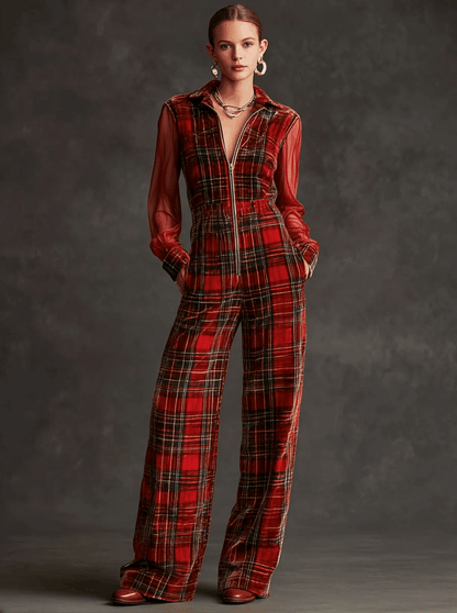 Retro Long-sleeved Mesh Red And Green Plaid Velvet Wide-leg Jumpsuit