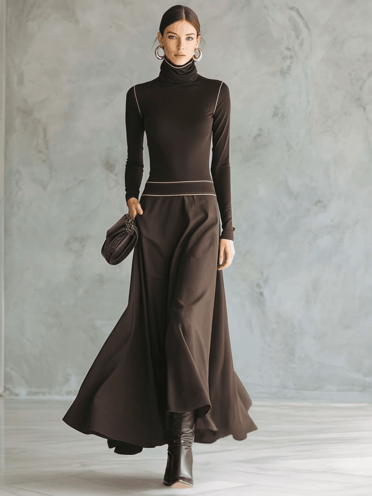 Retro Elegant Versatile High-necked Pink Trim Dark Brown Stretch Cotton Maxi Dress