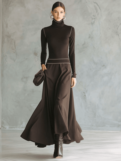 Retro Elegant Versatile High-necked Pink Trim Dark Brown Stretch Cotton Maxi Dress