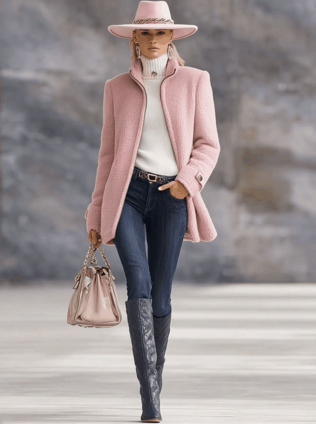Casual Vintage Pink Polar Fleece Zip-Up Jacket Coat