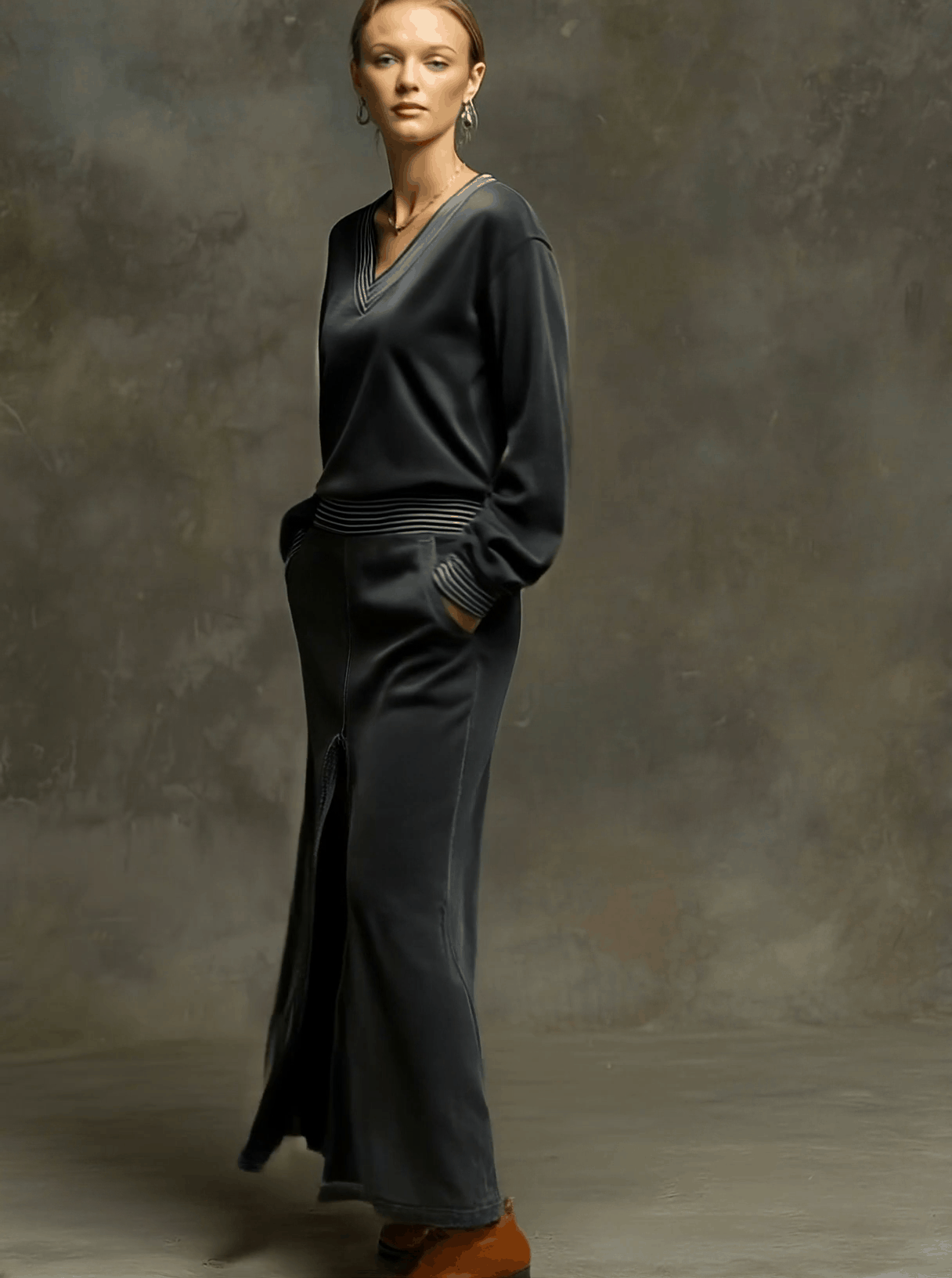 Sporty Retro Striped Ribbed Long-sleeved Dark Gray Washed Cotton Slit Maxi Dress