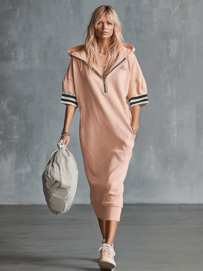 Casual Fashion Sporty Hooded Front Zipper Short-sleeved Cherry Blossom Pink Cotton Midi Dress