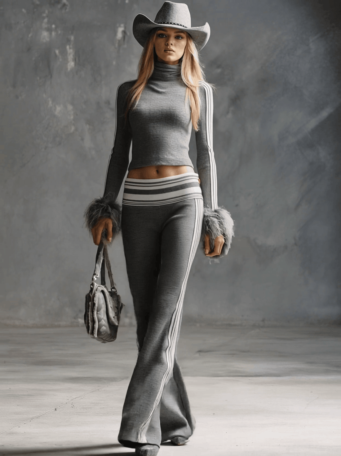 Retro Fashion Sporty Gray Knitted Feather Cuffs High-neck Top And Slim-fit Flared Pants Suit