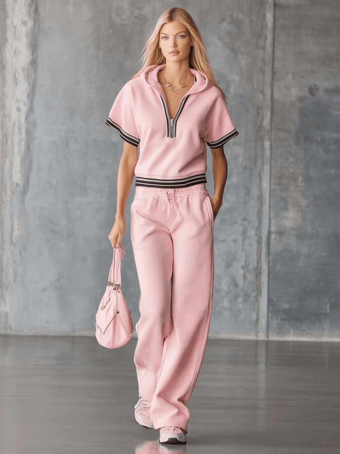 Elegant Fashion Sporty Hooded Front Zipper Short-sleeved Pink Cotton Top And Pants Set