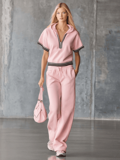 Elegant Fashion Sporty Hooded Front Zipper Short-sleeved Pink Cotton Top And Pants Set