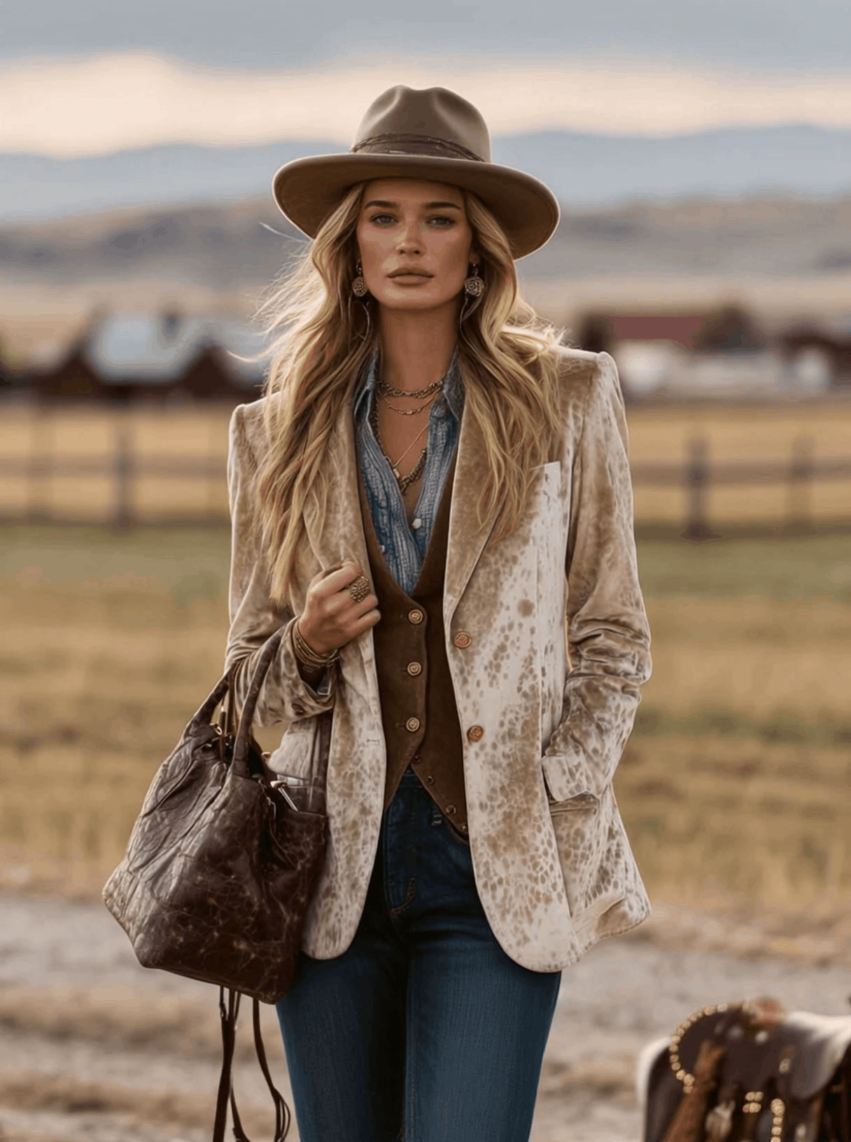 Retro Western Nomadic Style Sika Deer Pattern Camel Velvet Blazer