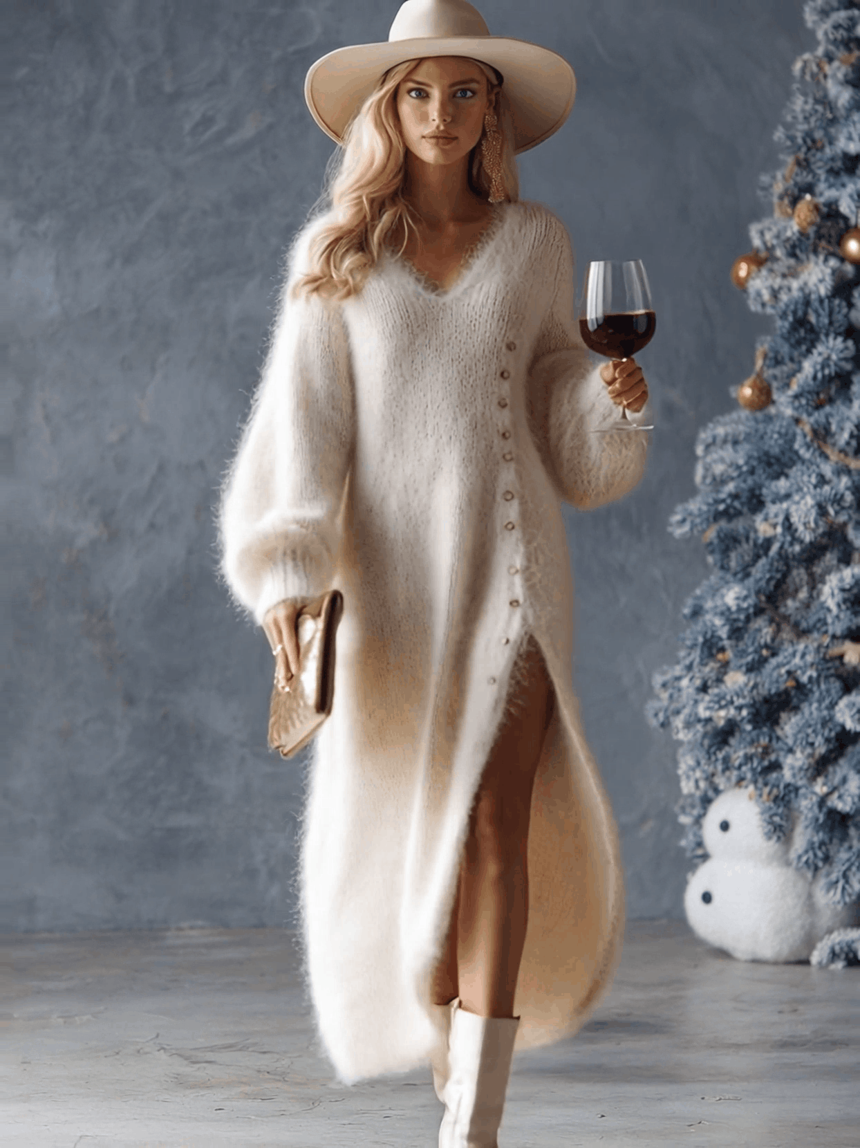 Comfortable Lazy Exquisite V-neck Metal Button White Imitation Rabbit Fur Knitted Side Slit Midi Dress