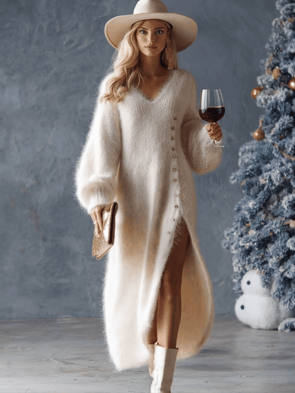 Comfortable Lazy Exquisite V-neck Metal Button White Imitation Rabbit Fur Knitted Side Slit Midi Dress